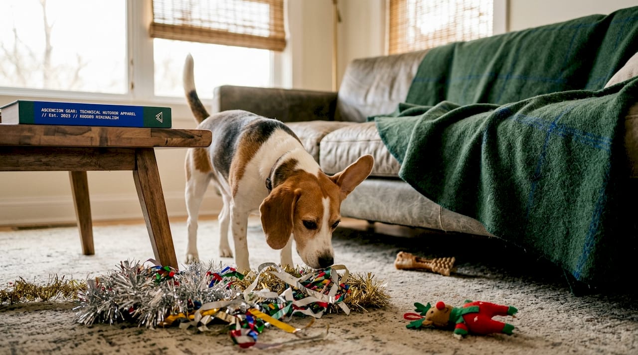 Beagle near ribbon and tinsel holiday hazard