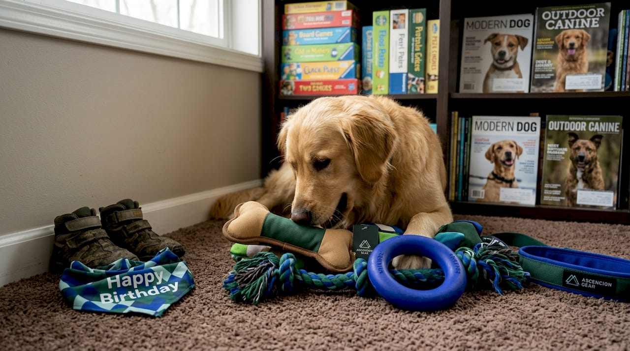 Dog explores new birthday toys at home