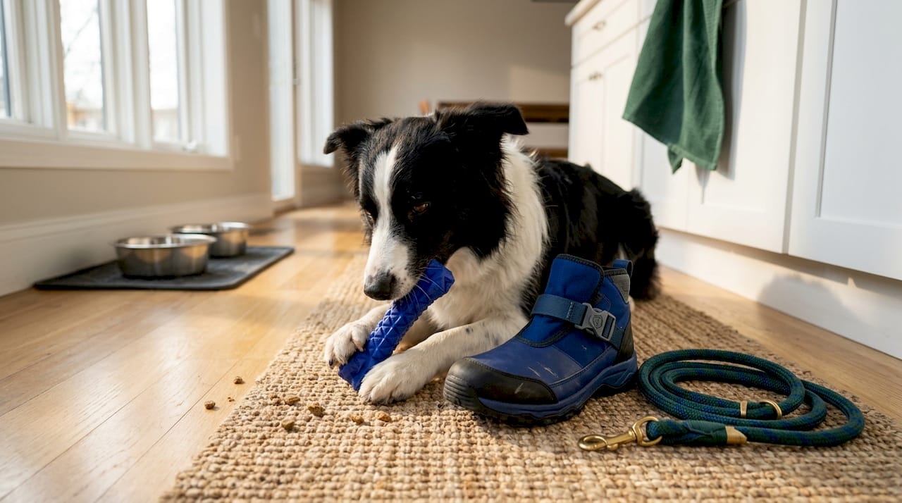 Dog using durable chew toy and leash