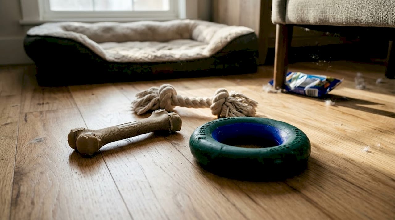 Well-worn chew toys on family room floor