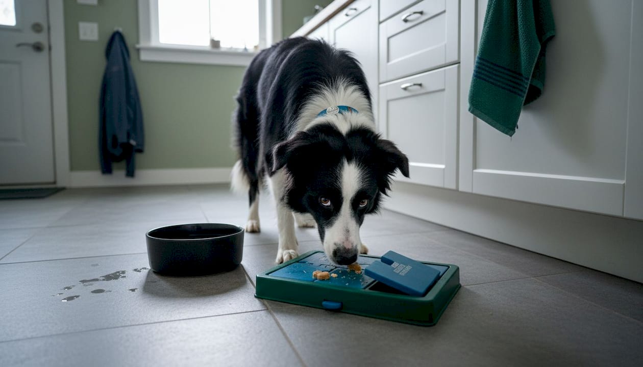 Dog solving puzzle treat toy on kitchen floor