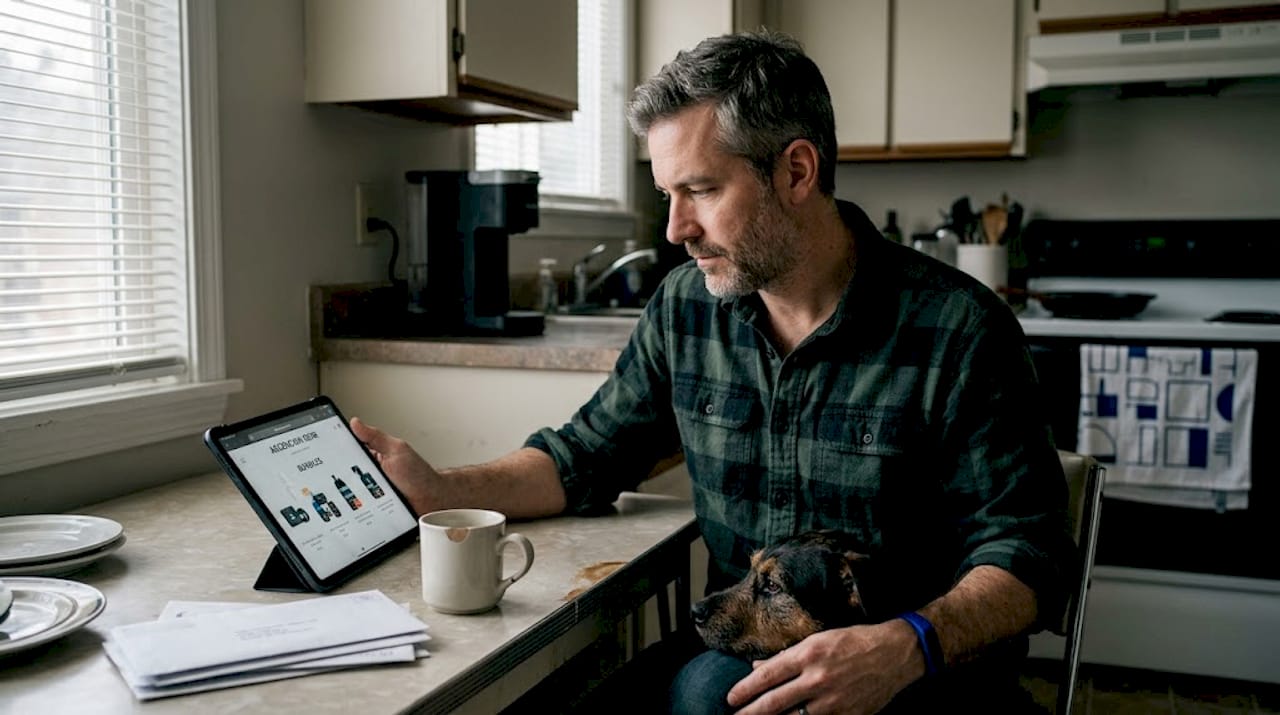 Man researches pet bundles at kitchen table