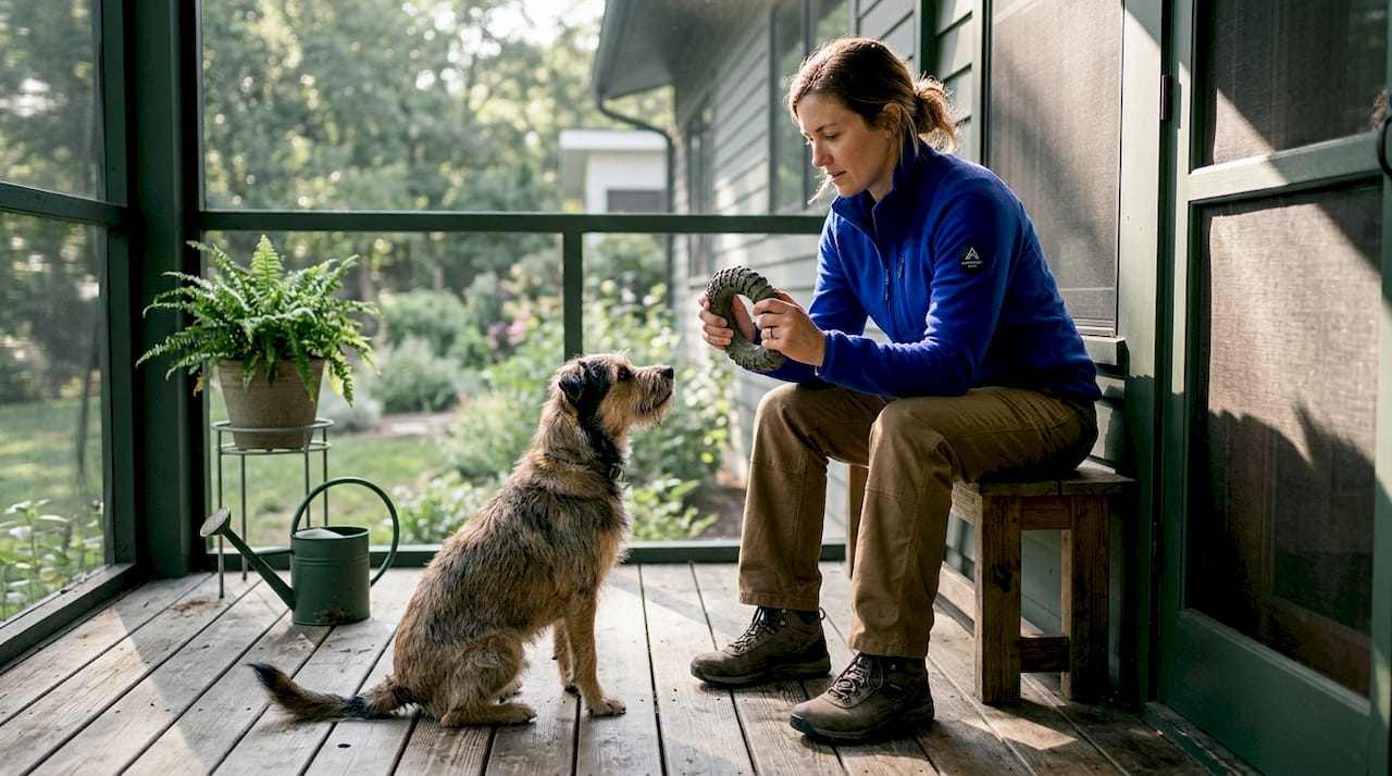 Dog owner checking durability of toy material