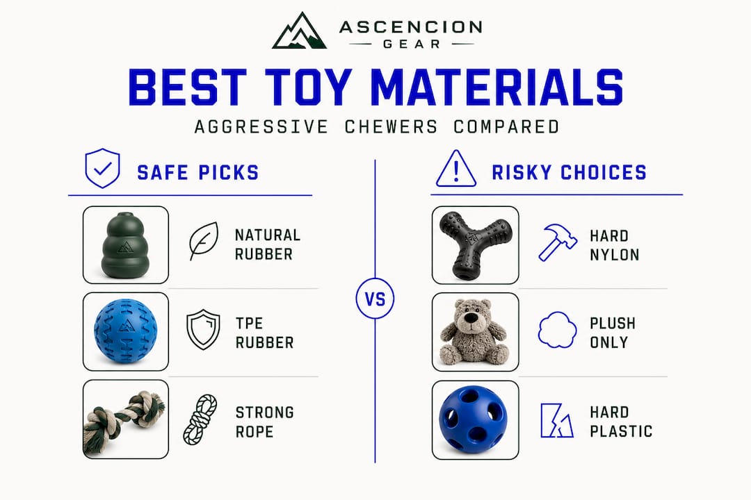 Infographic comparing best and risky dog toy materials