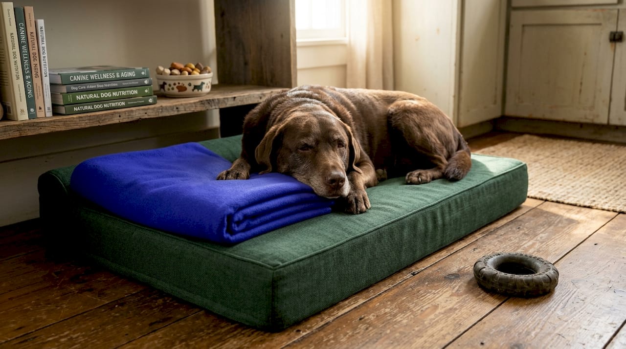 Older dog resting on orthopedic memory foam bed