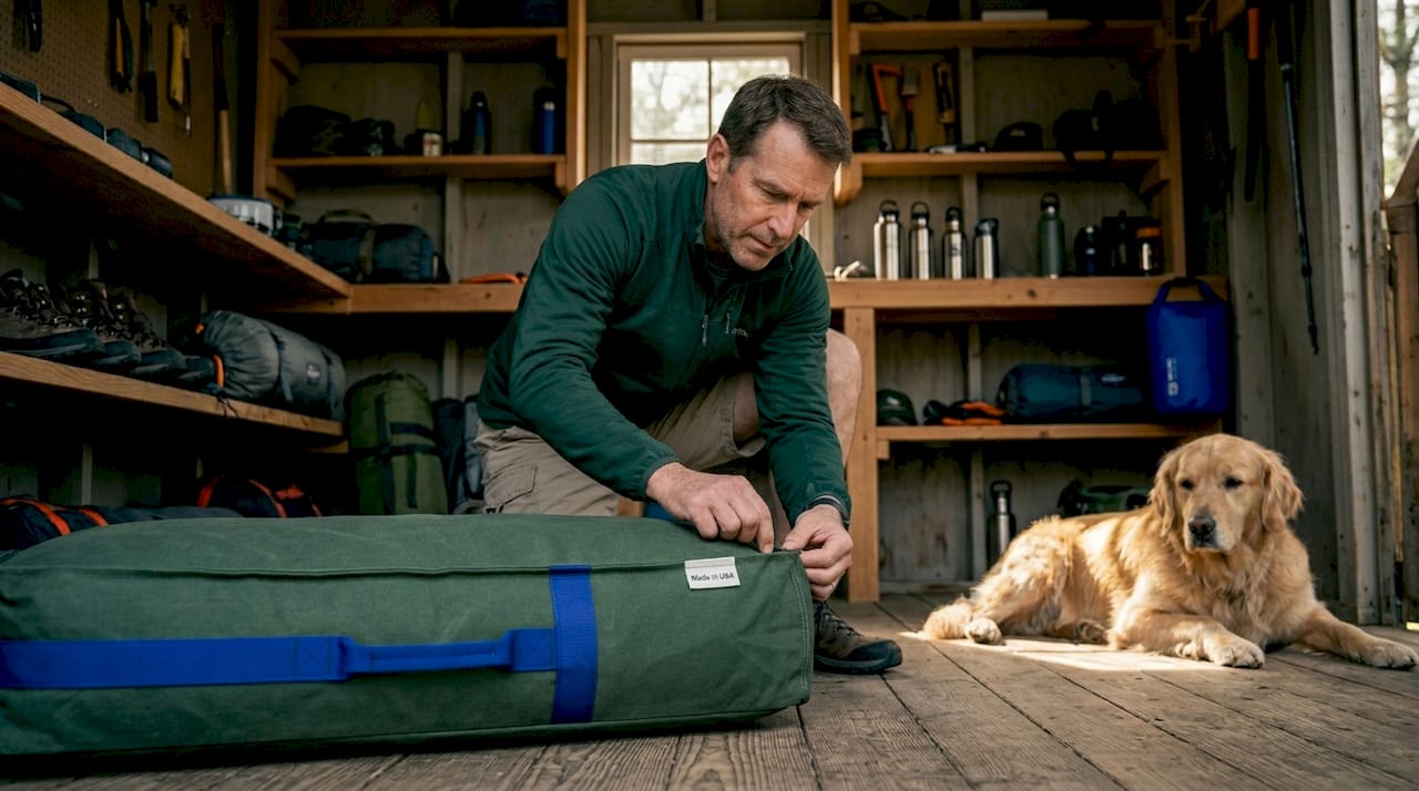 Person inspects USA-made dog bed quality