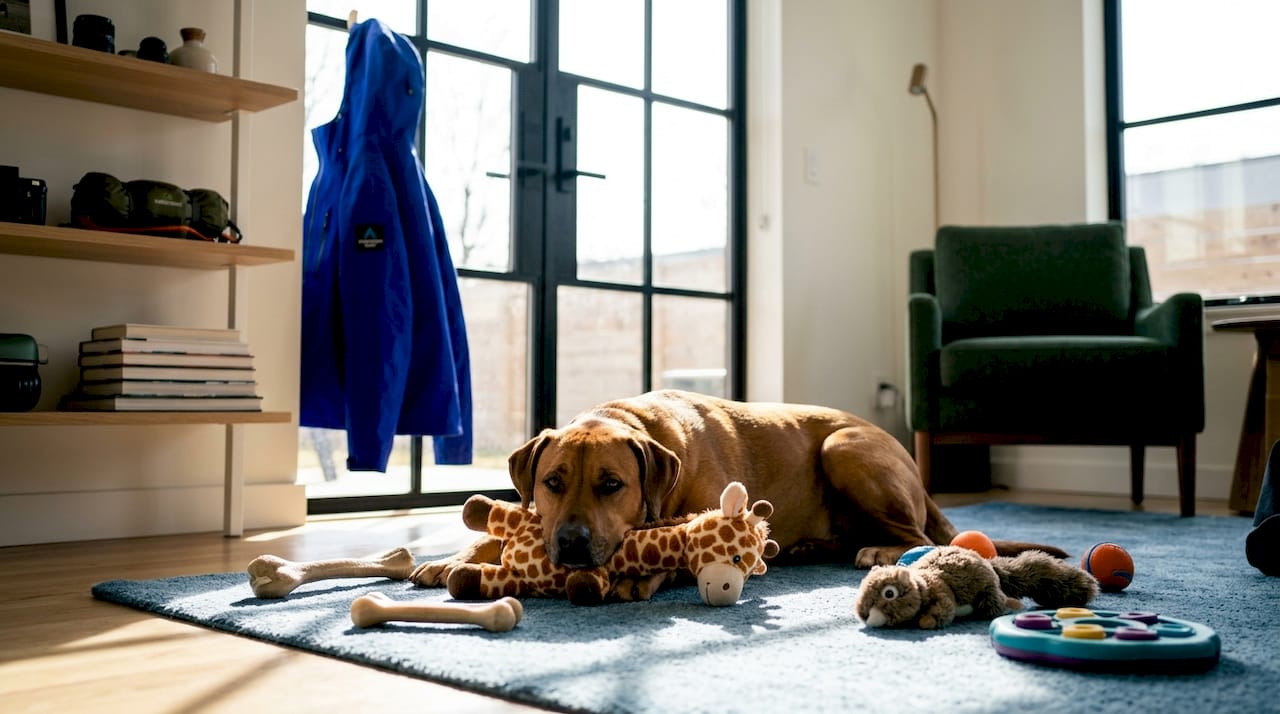 Dog disengaged among scattered toys
