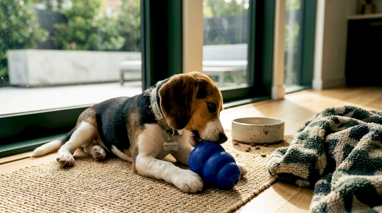 Puppy chewing safe toy on kitchen floor