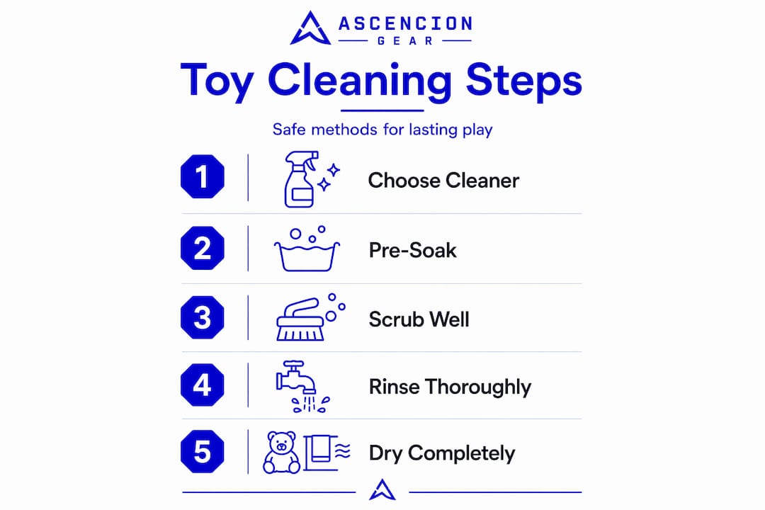 Infographic with five steps for dog toy cleaning