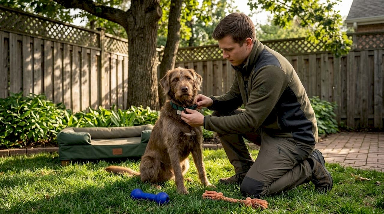 Owner applying flea collar to dog in kitchen