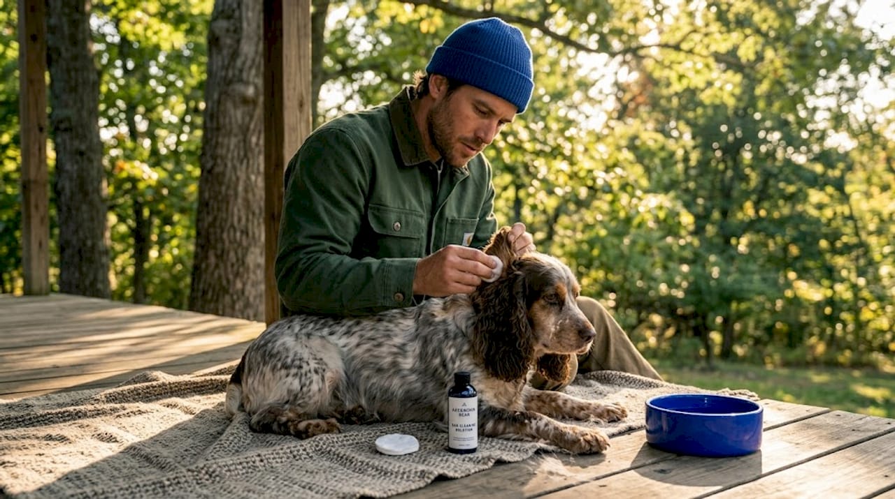 Man cleaning dog’s ear with cotton ball