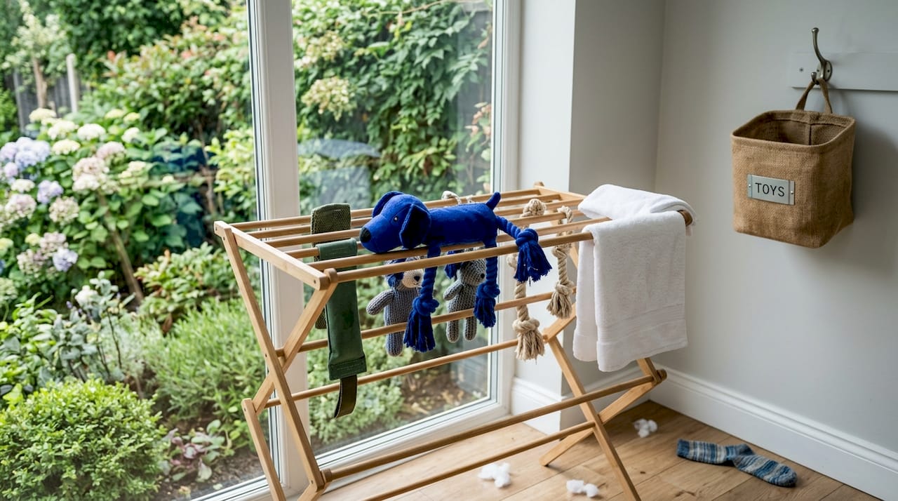 Plush dog toys air drying on laundry rack