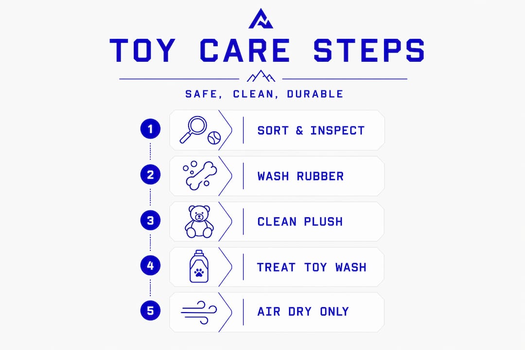 Infographic showing five dog toy cleaning steps