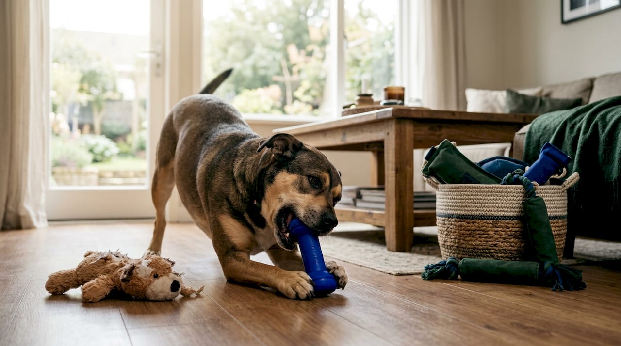 Dog with durable chew toy in family kitchen