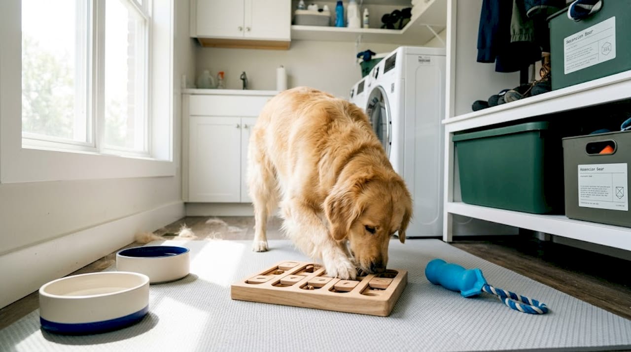 Dog engaging puzzle toy on kitchen floor