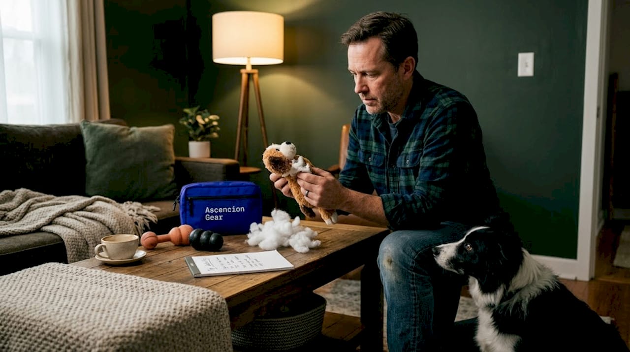 Man checking plush dog toy for damage