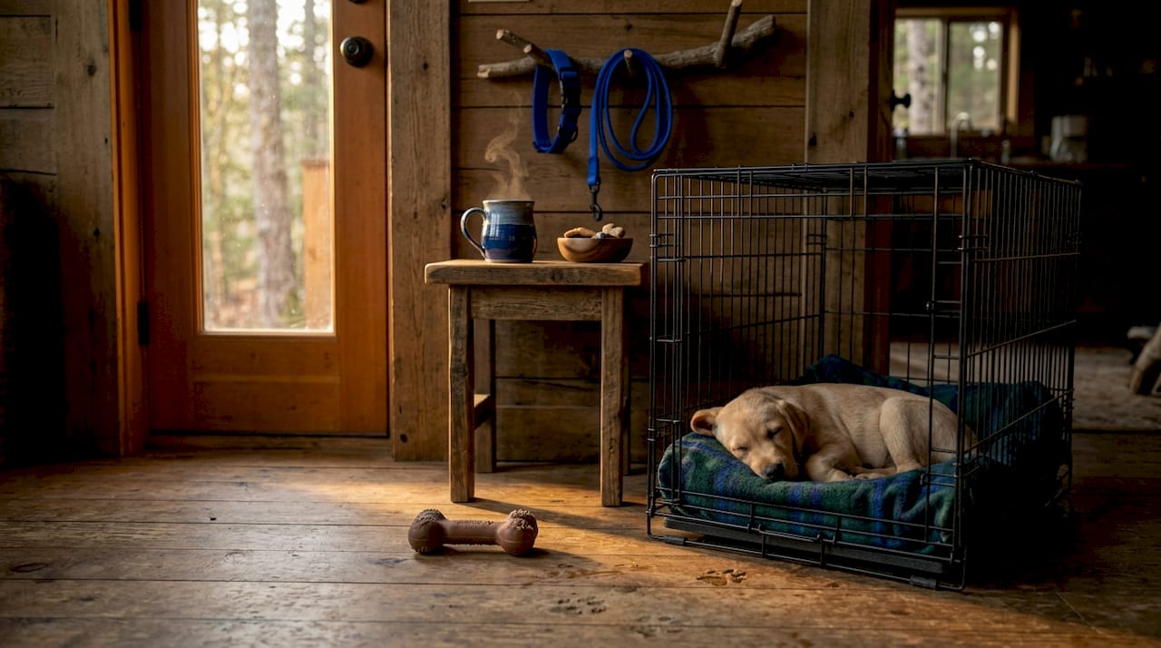 Puppy sleeping in crate with essentials nearby