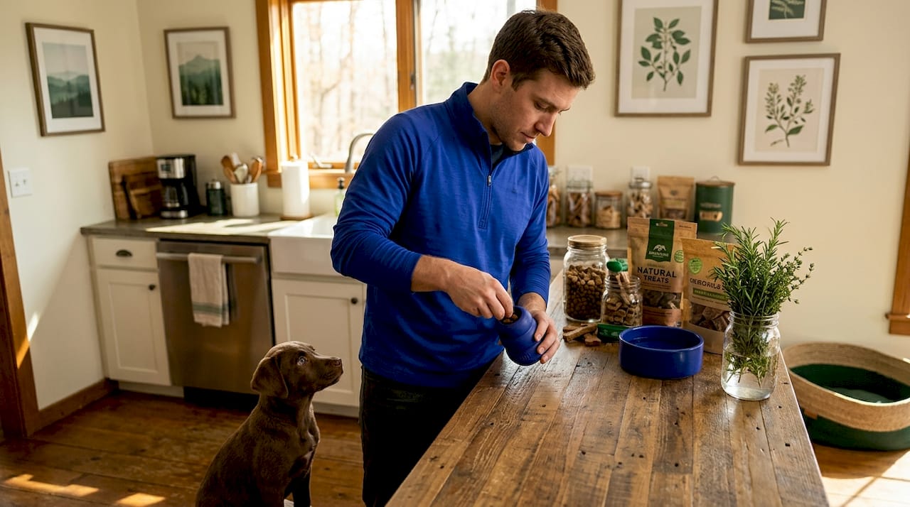Man preparing treat toy for attentive puppy