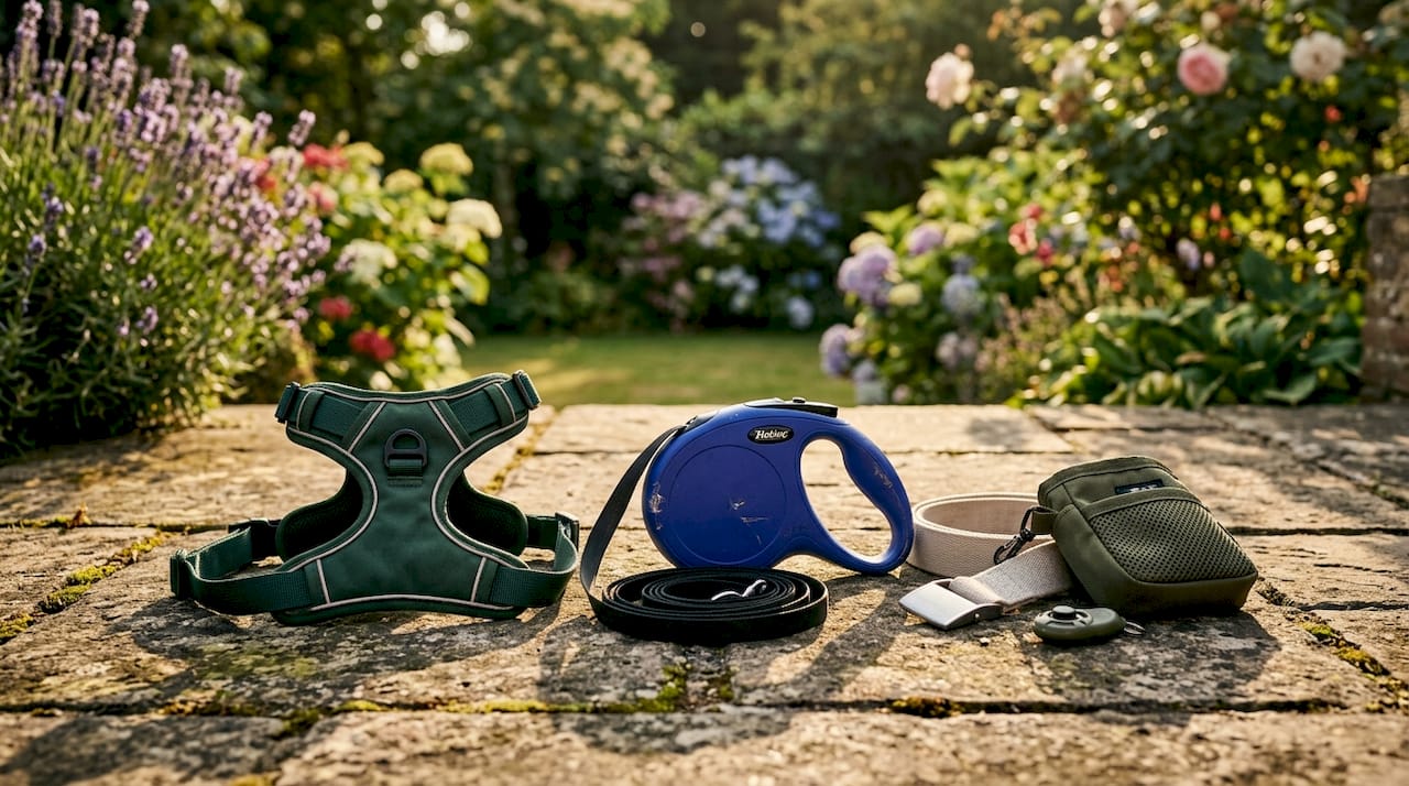 Dog training gear organized outdoors on bench