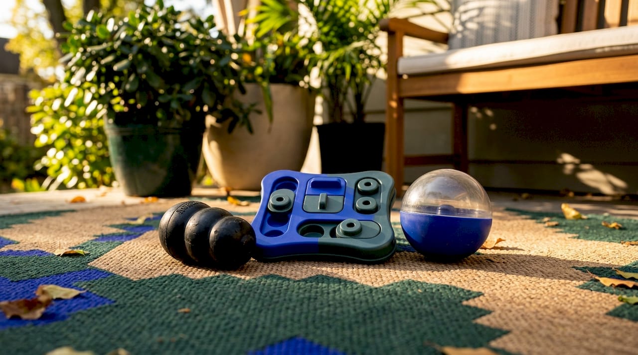 Three types of treat-dispensing dog toys displayed