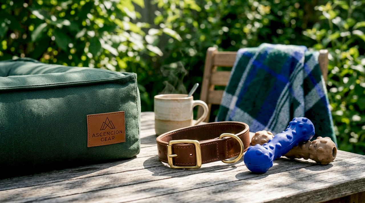 Close-up of premium dog bed collar and toys