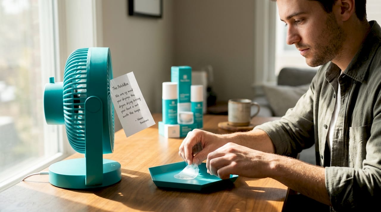 Man using fan to dry silicone patch at desk