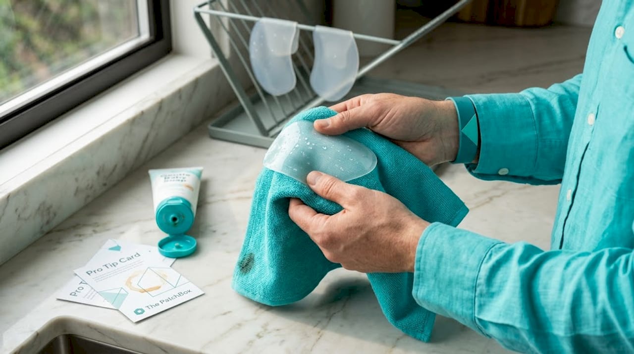 Hands drying silicone patch on towel