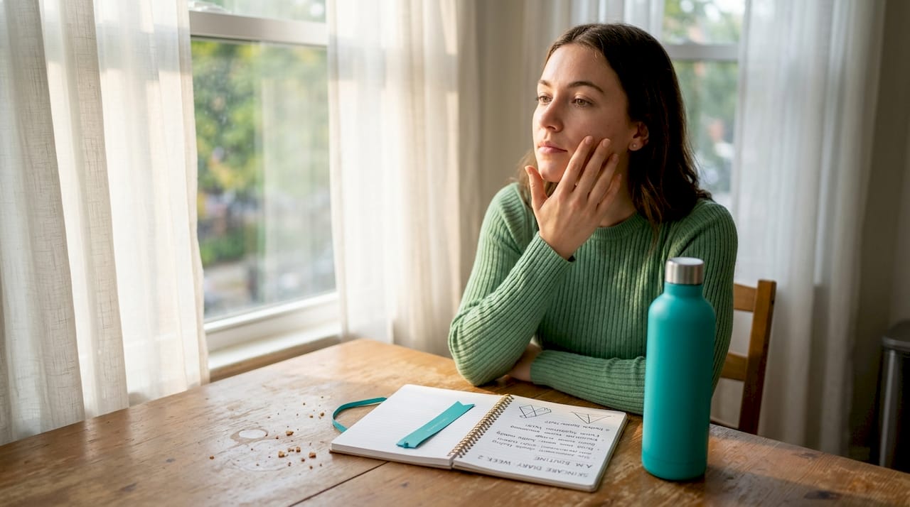 Woman checking facial skin hydration at kitchen table