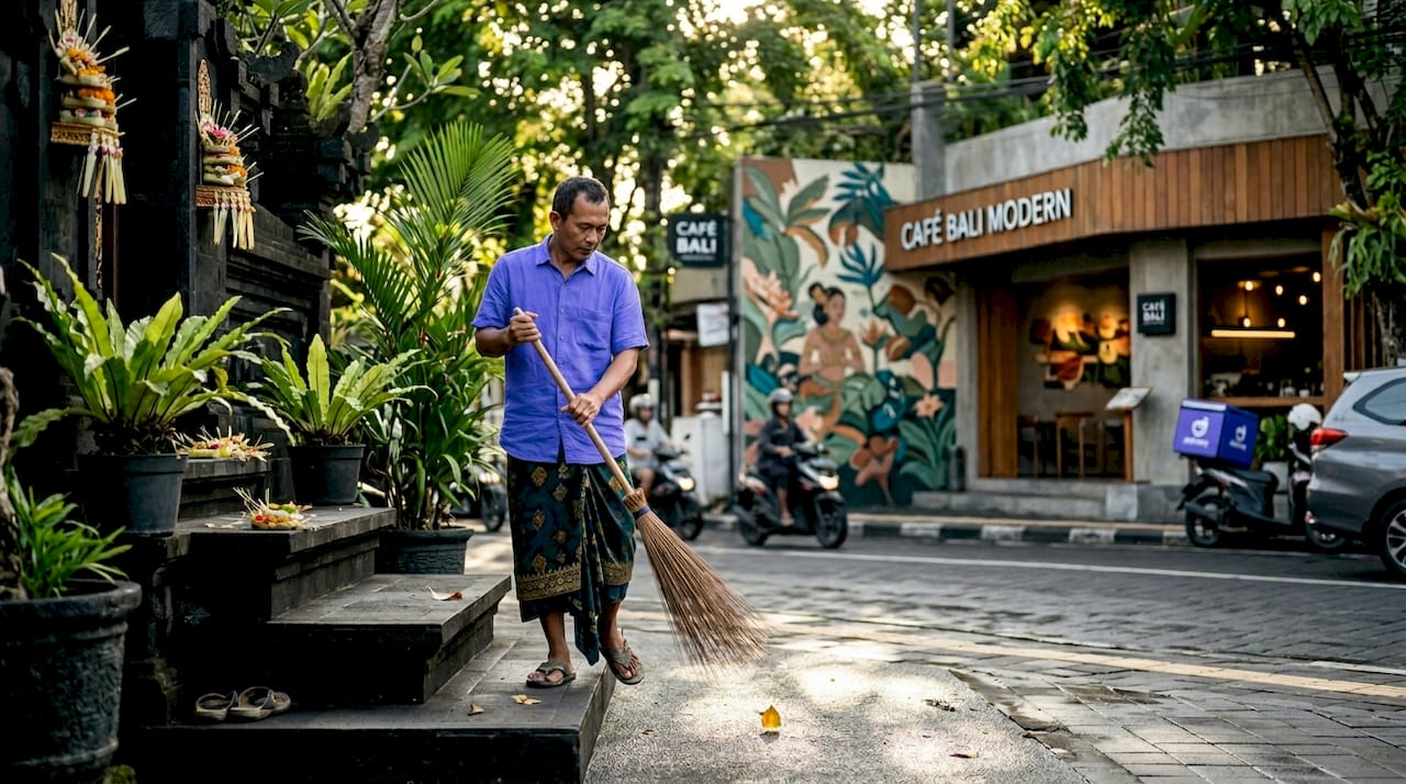 Balinese man sweeping temple by boutique shops