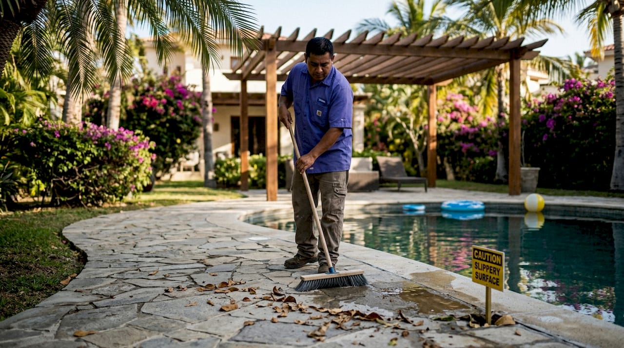Worker clearing hazards near Bali villa pool