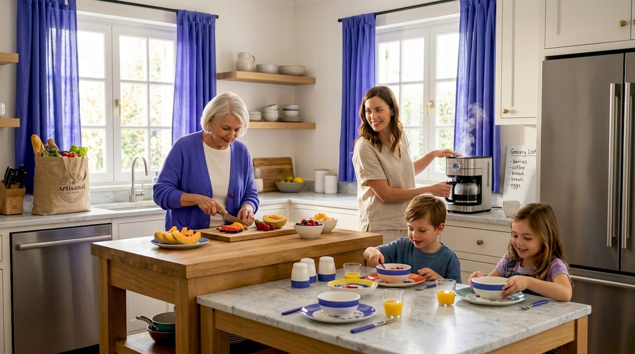Family members preparing food in villa kitchen