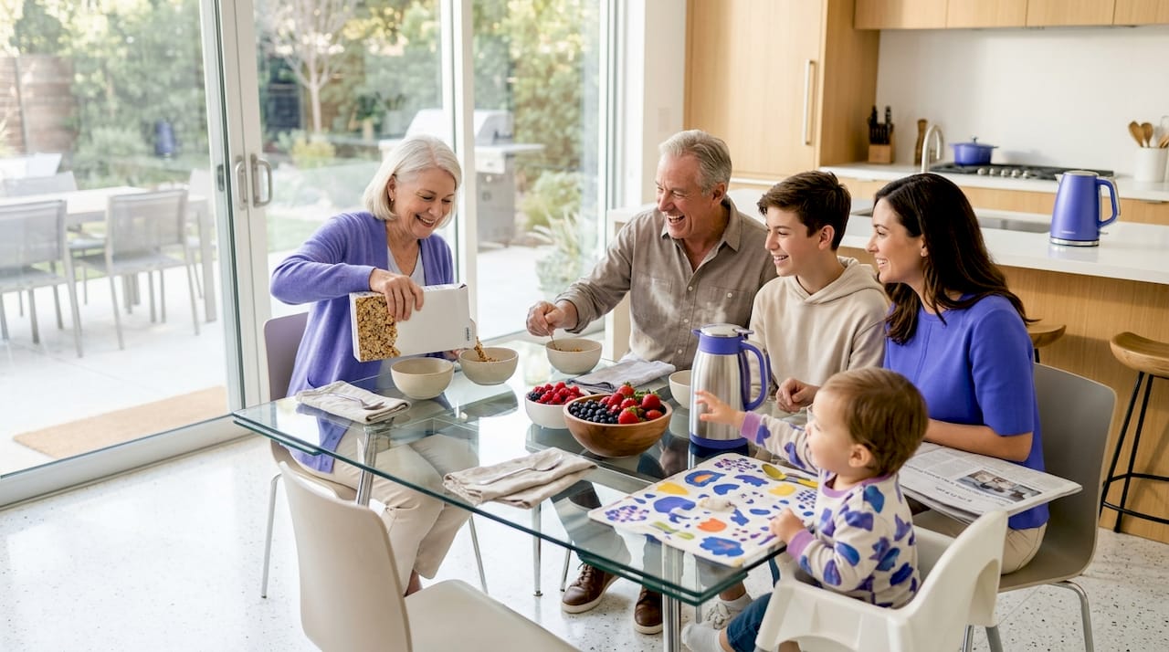 Multi-generational family breakfast in villa kitchen