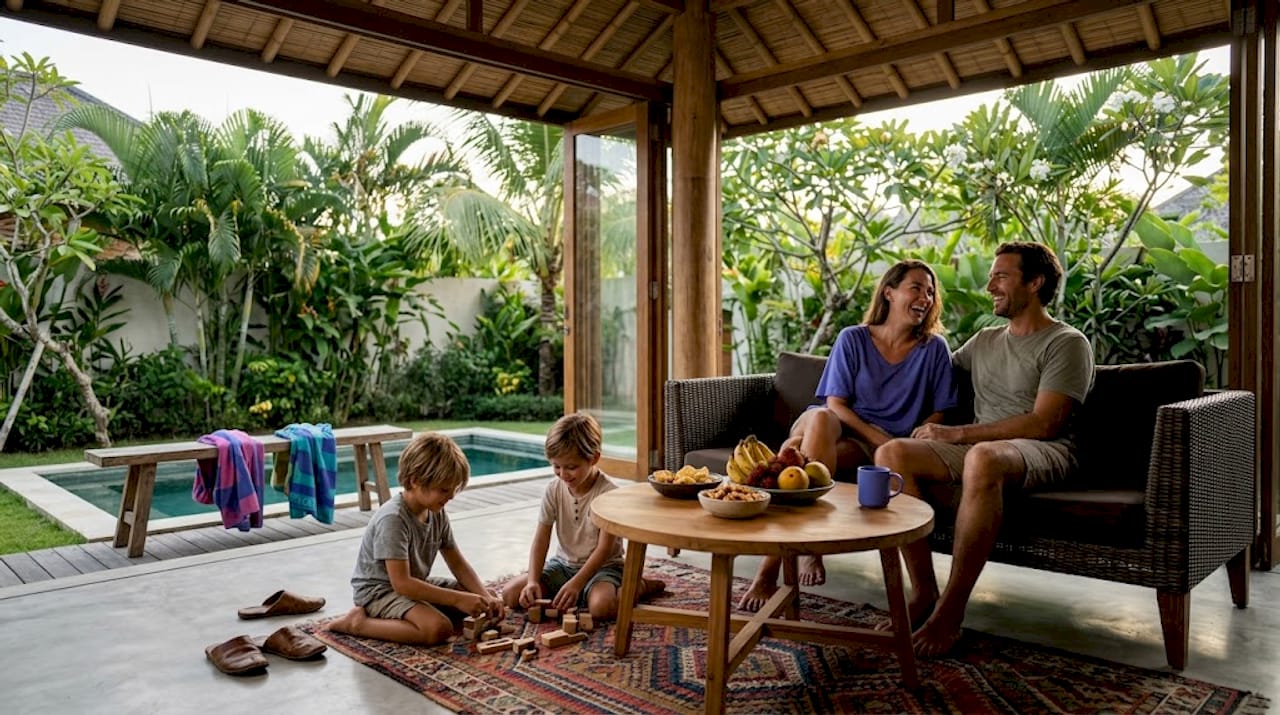 Family relaxing in Bali villa living room