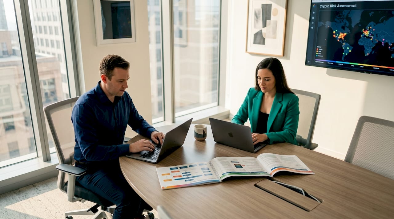 Managers reviewing crypto risk playbooks
