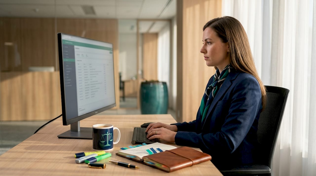 Lawyer types evidence of compliance at computer