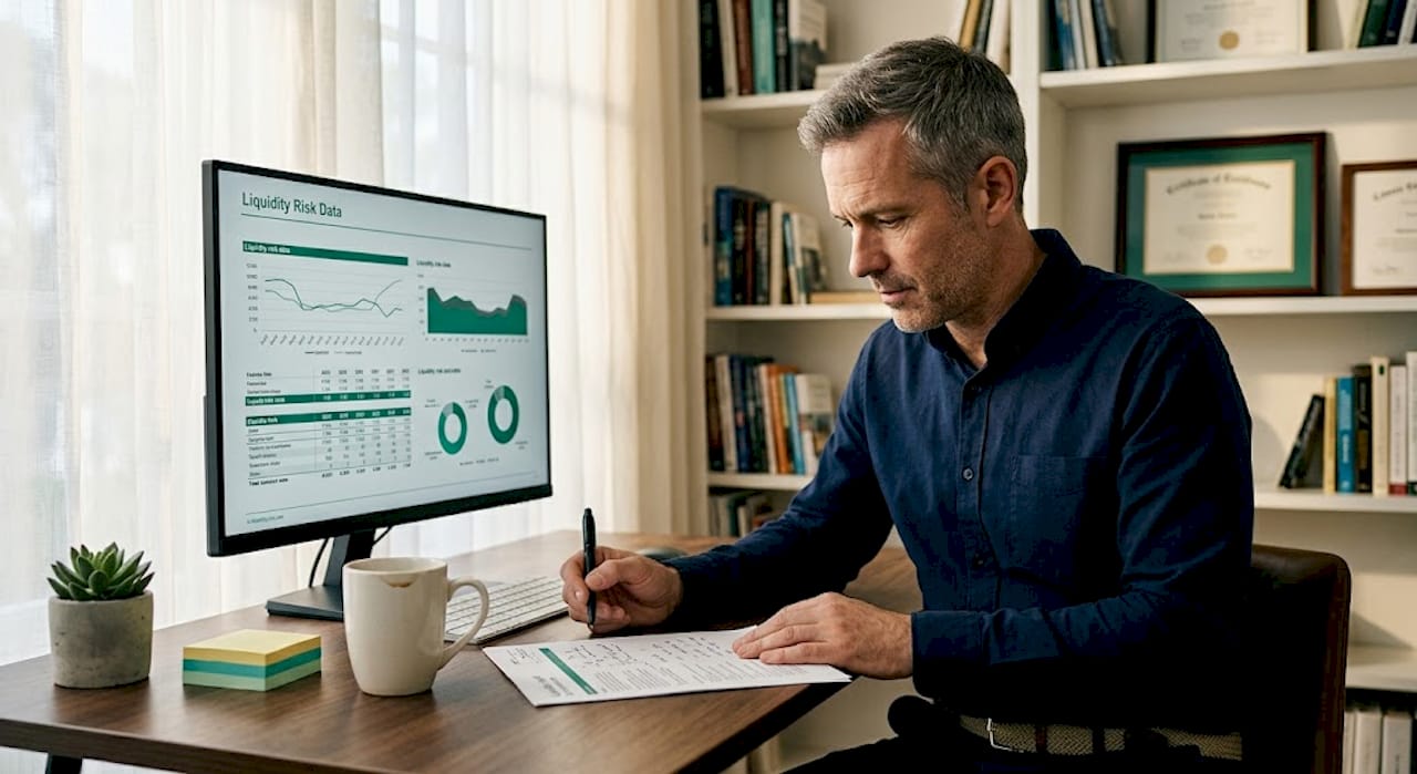 Analyst reviews printed asset risk report at desk