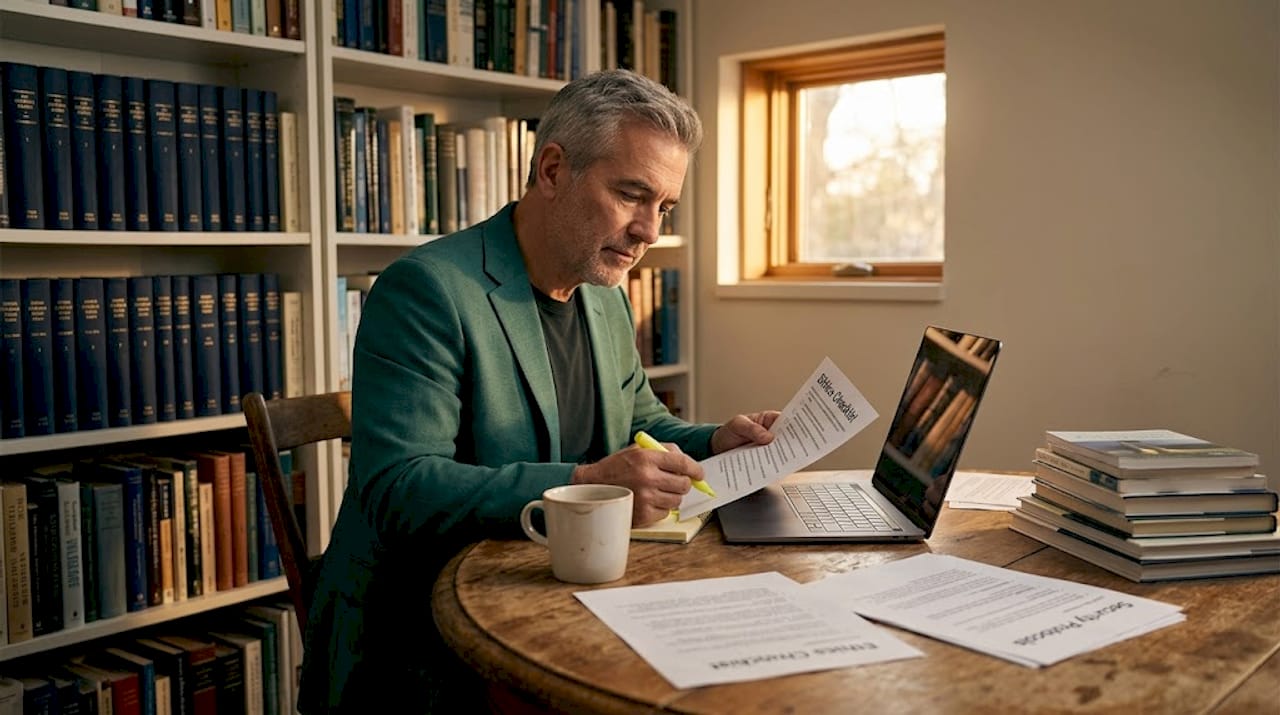 Analyst cross-referencing ethics checklist at workspace