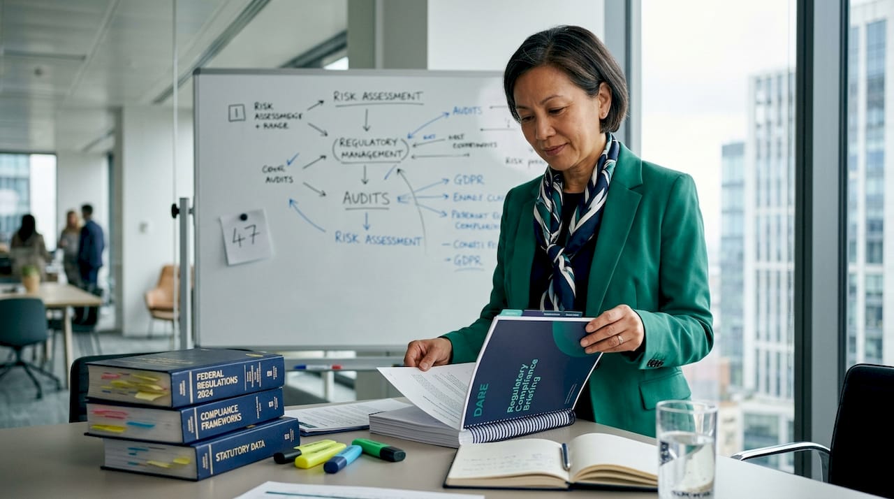 Compliance manager reviews digital asset paperwork