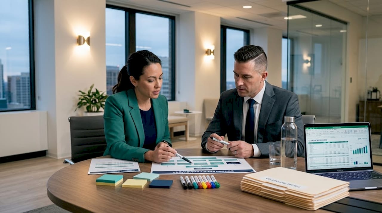 Finance experts reviewing governance framework materials