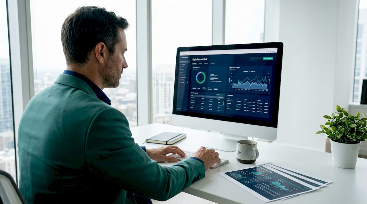 Finance professional reviews digital asset risk dashboard