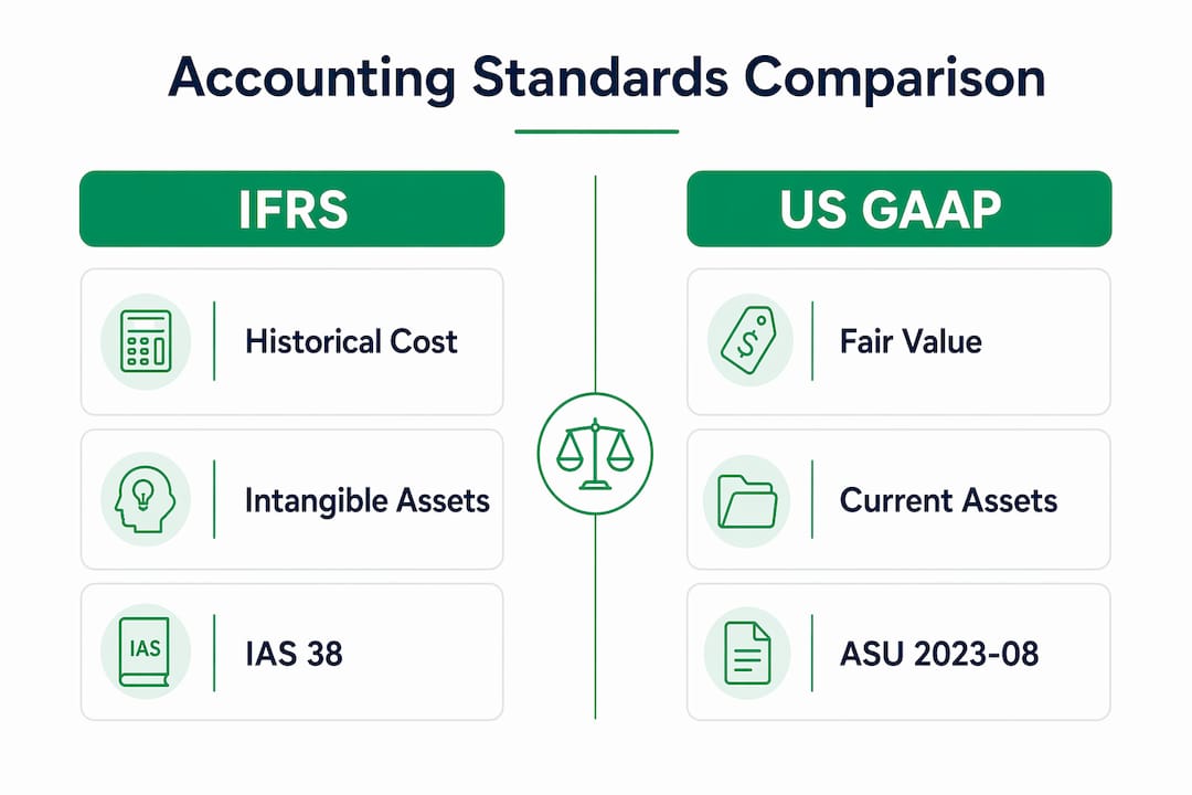 Infographic comparing IFRS and US GAAP digital asset accounting standards
