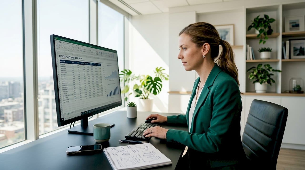 Financial analyst reviewing digital asset portfolio on screen