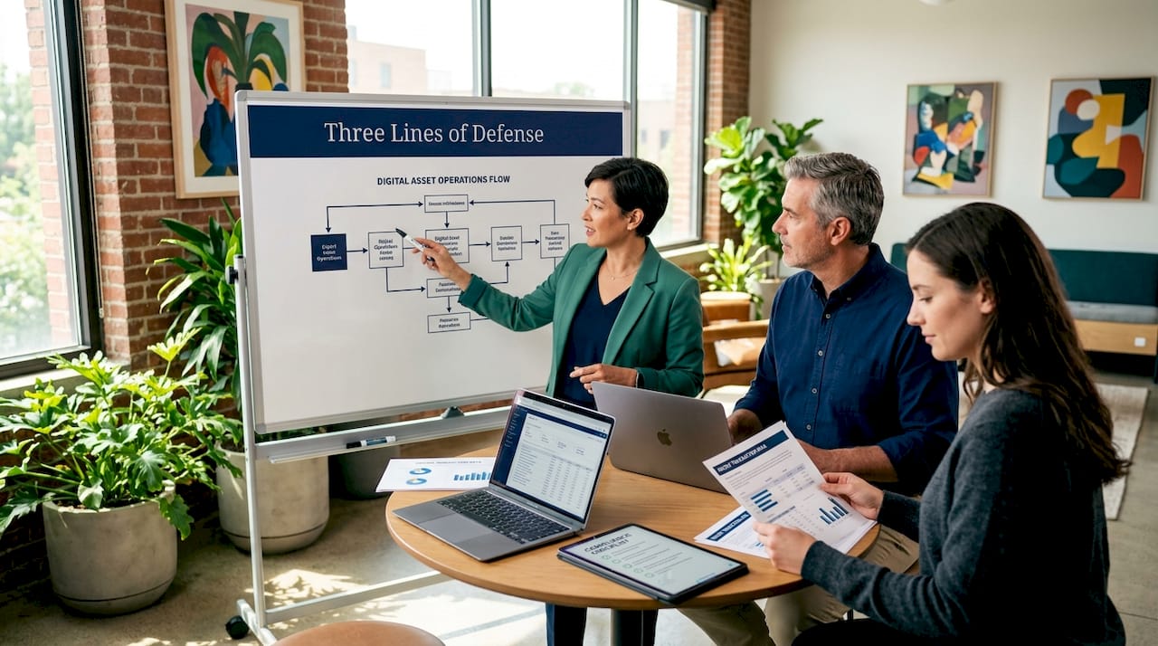 Team discussing three lines of defense diagram in office