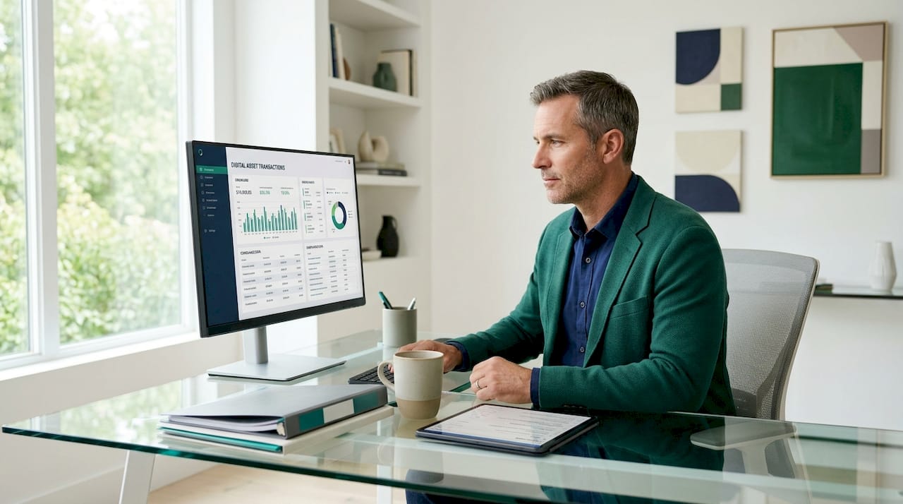 Professional reviewing digital asset dashboard at desk