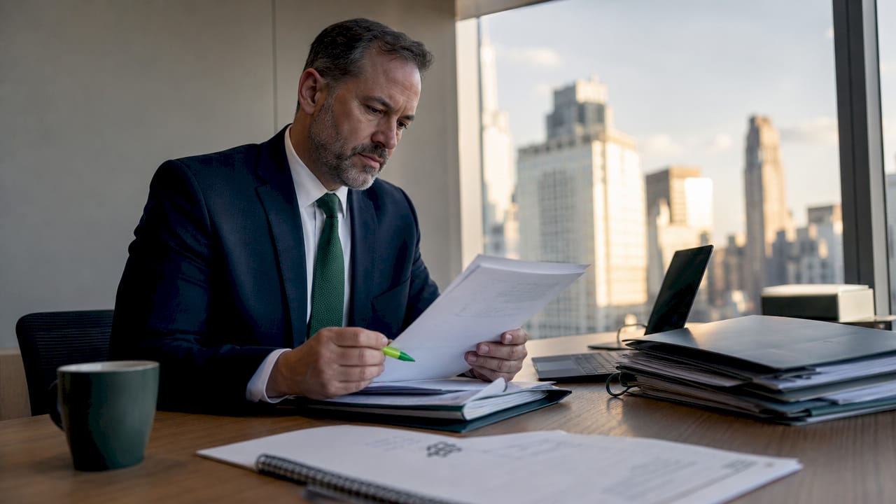 Compliance officer reviewing digital asset legal documents