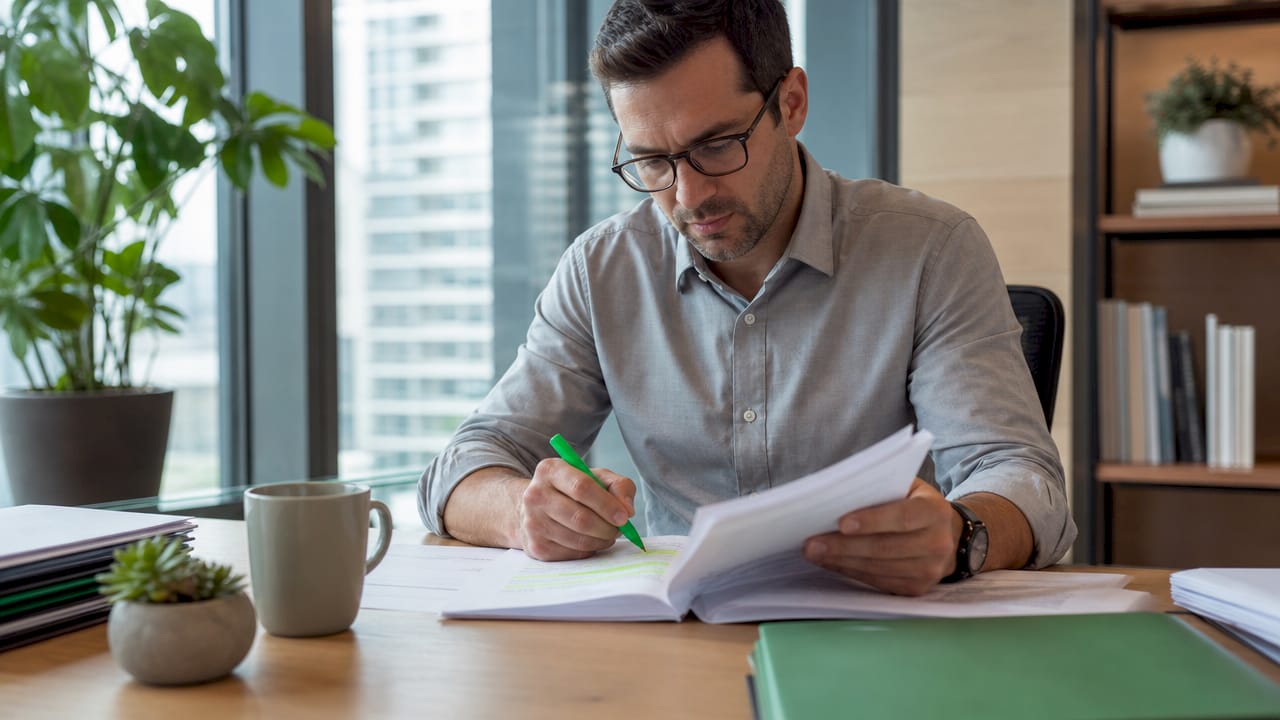 Legal officer reviewing printed digital asset regulations