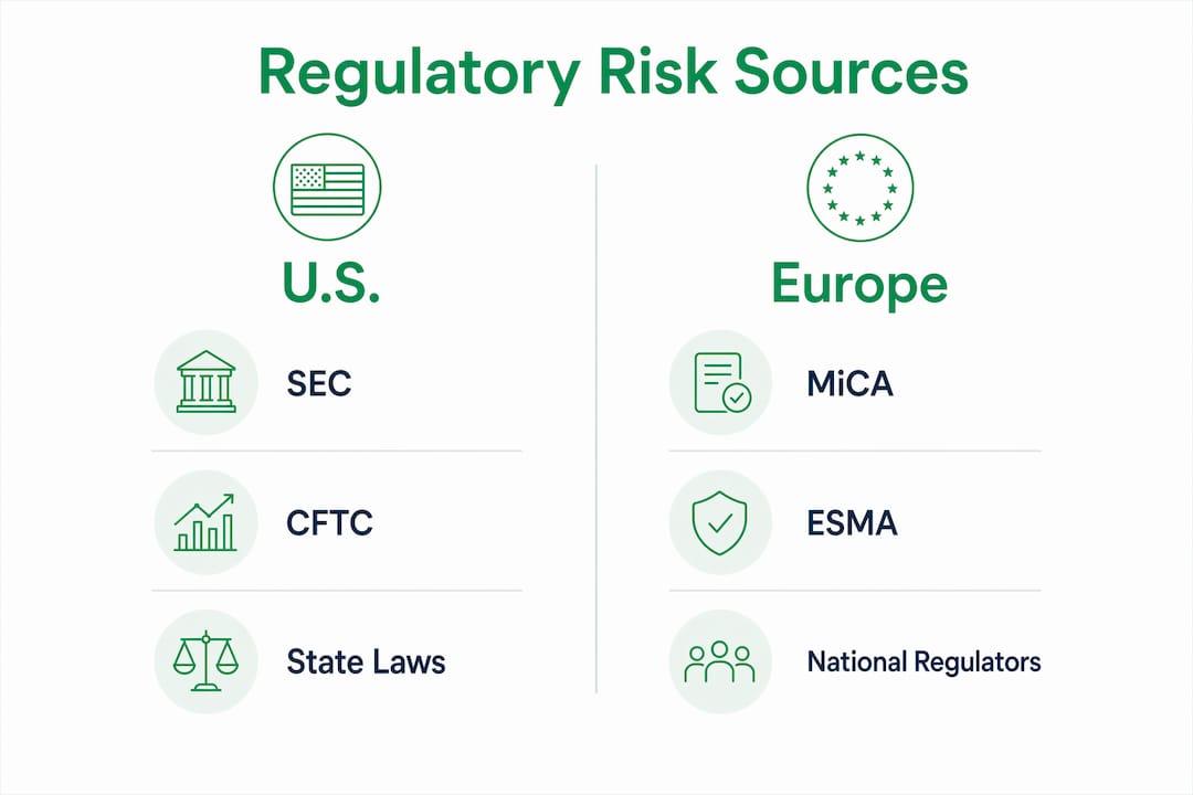 Infographic comparing US and European regulatory risk sources for digital assets