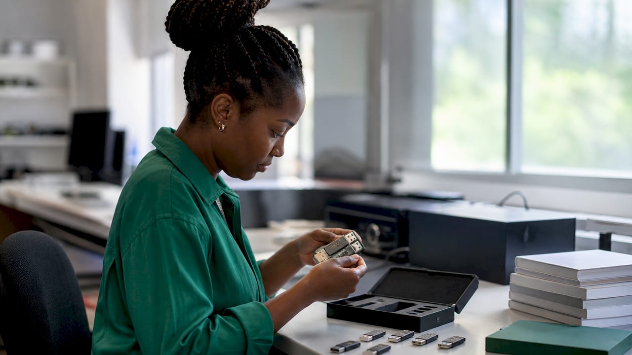 Engineer reconstructing private keys at security lab bench