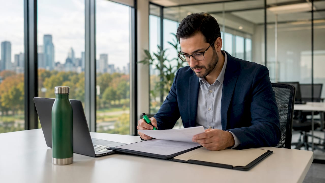 Compliance officer reviewing AML checklist papers