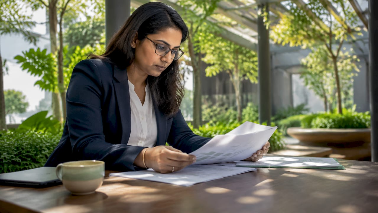 Woman reviewing digital finance risk documents in office